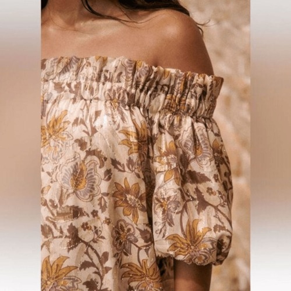 Sezane Rosita Dress in Miranda 40 US 8 Gold Floral Silk Metallic Off Shoulder - Picture 2 of 12